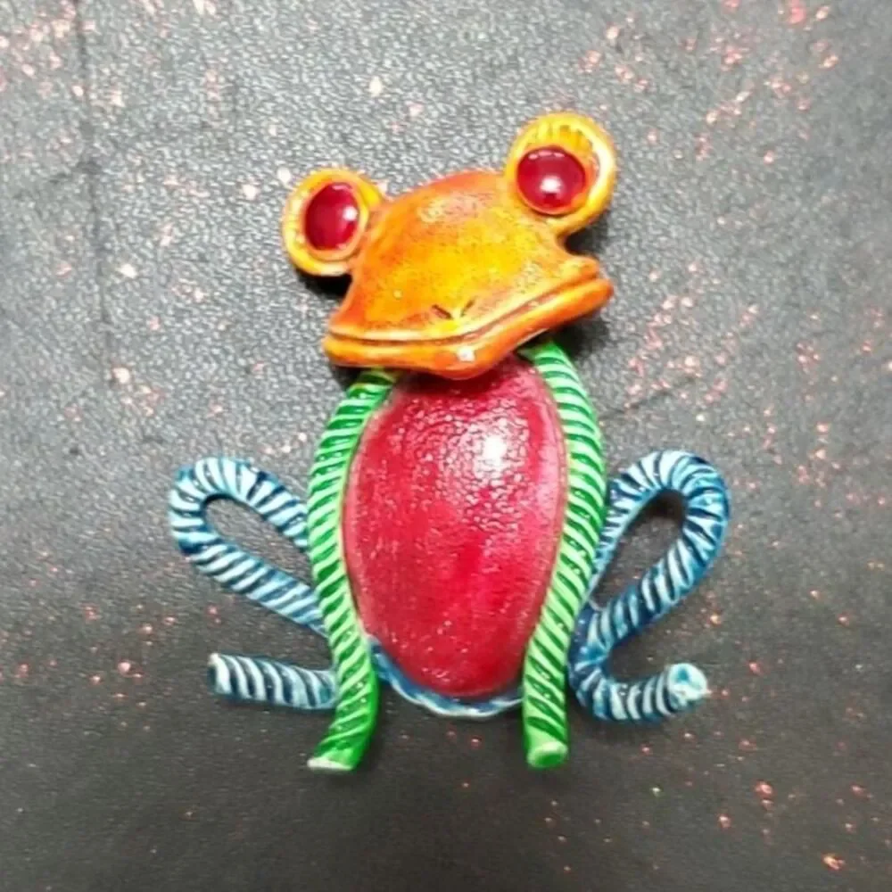 Hollycraft vintage collector yarn frog brooch colorful silver tone